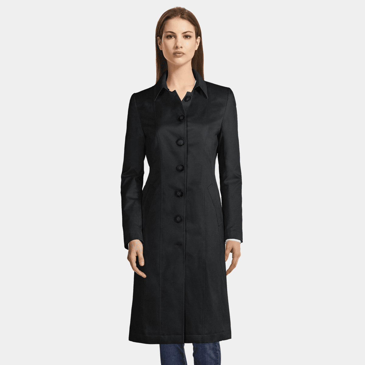 Black Long single-breasted Trench Coat | Sumissura