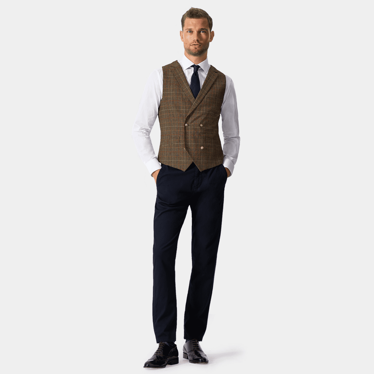 Mens Tweed Check Waistcoats Oak Brown Grey 1920s Retro Herringbone Smart Tailored Fit Vests