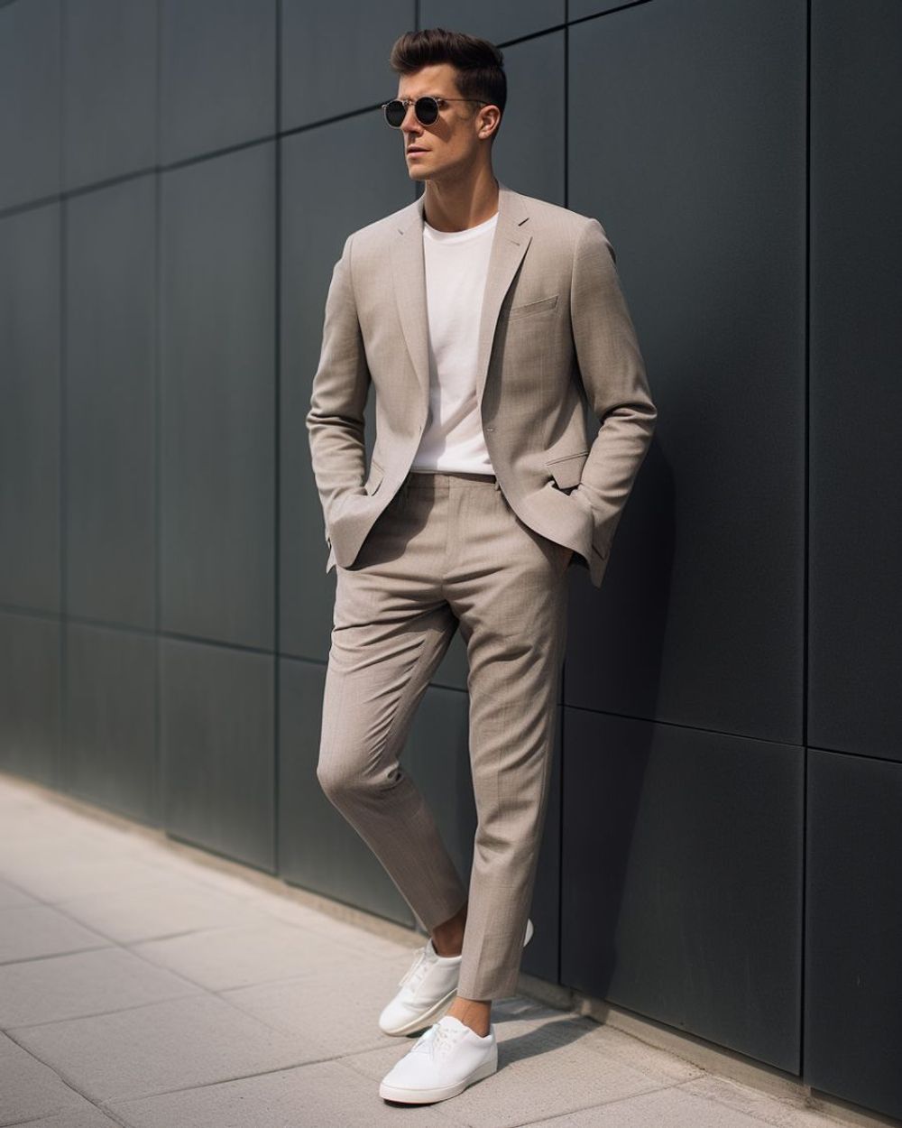 Light Gray Stretch Suit with White Sneakers