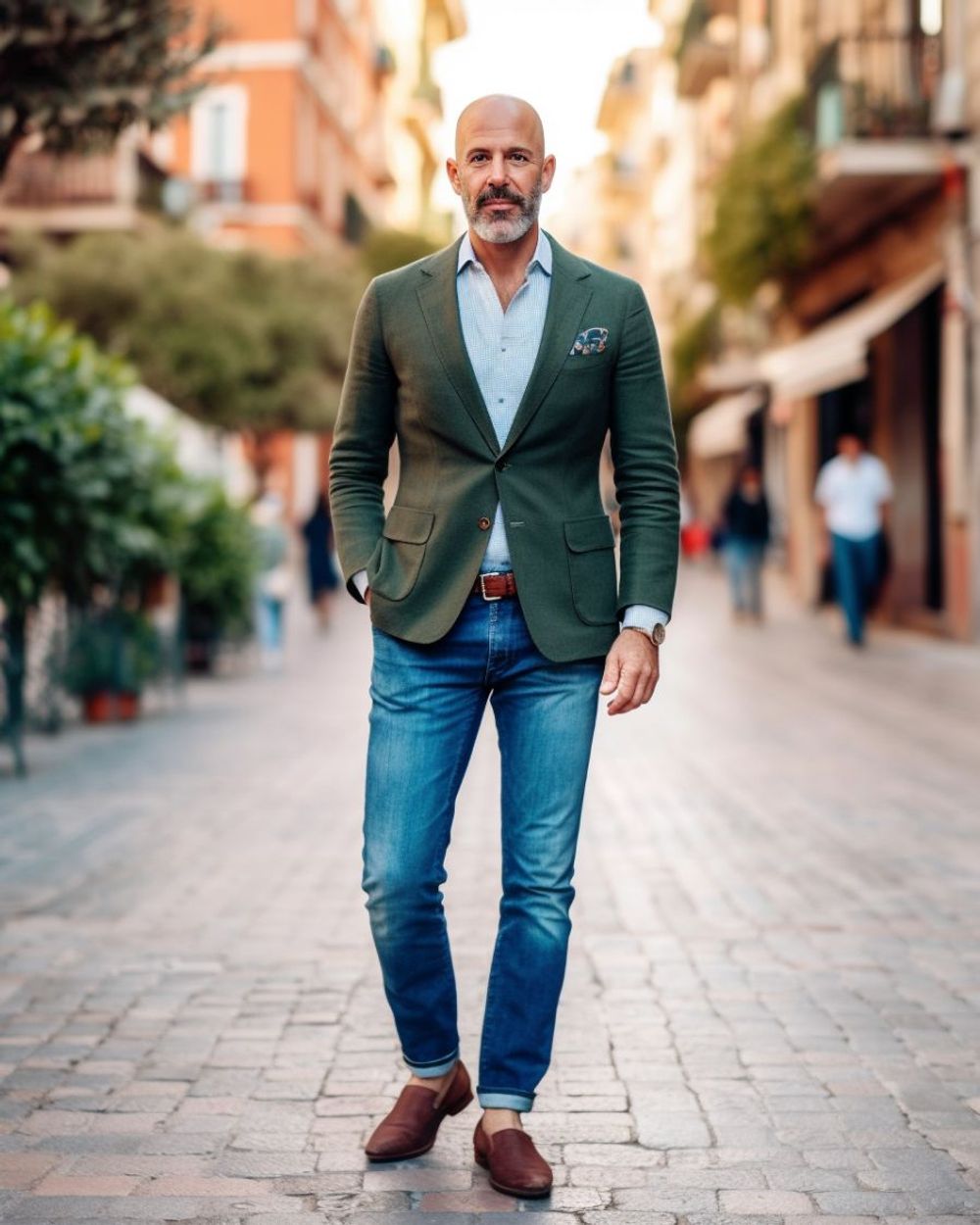 Green Blazer with Rolled-up Jeans