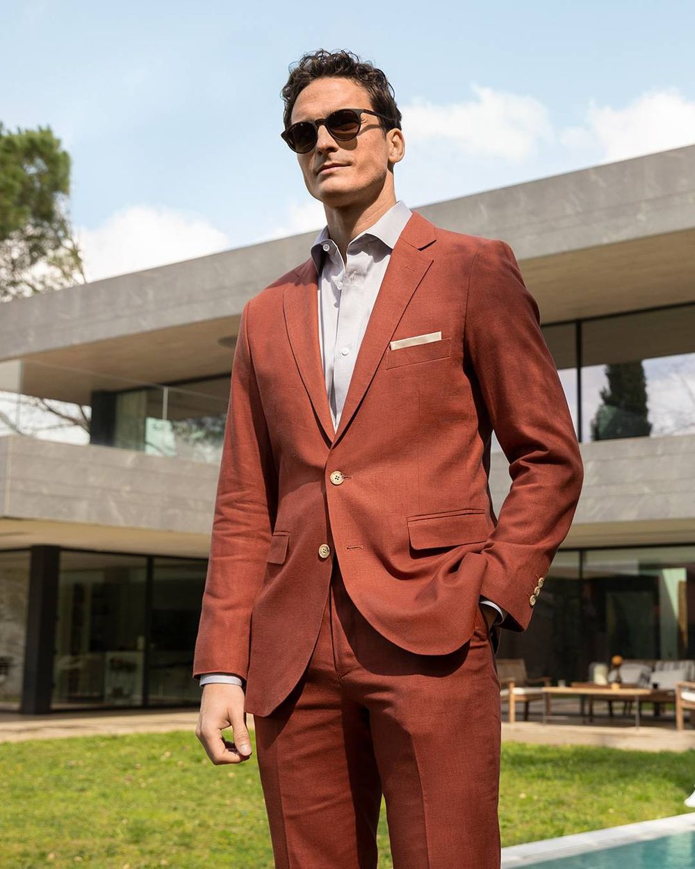 Terracotta linen suit with loafers