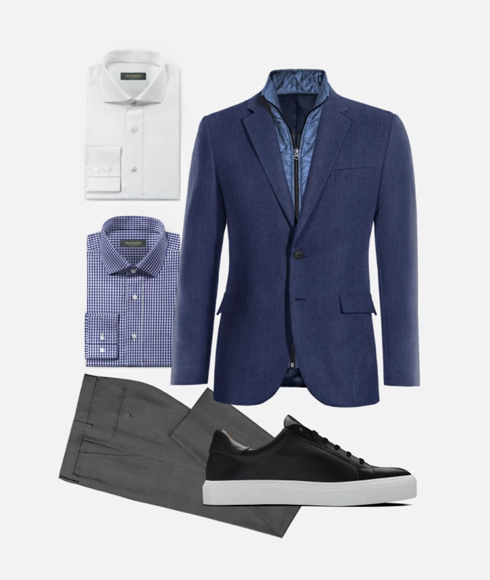 Blazer azul pantalon gris y sneakers negras Hockerty