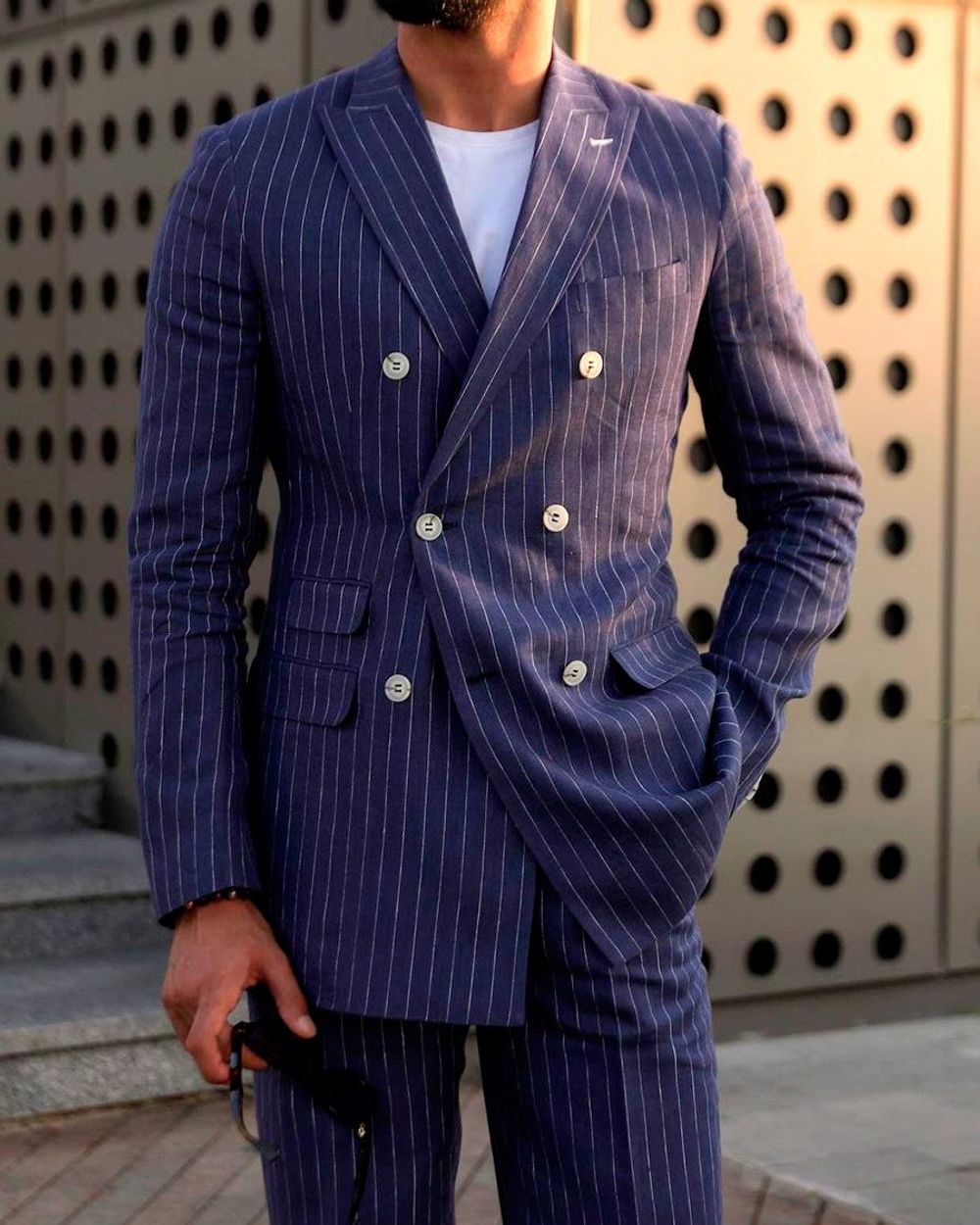 Casual linen striped blue suit | Hockerty