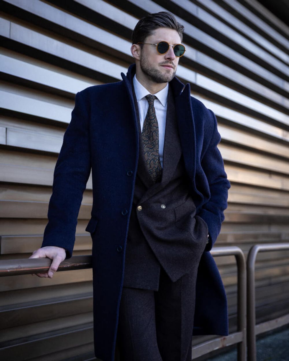 Midnight Blue Overcoat over Tweed Suit Hockerty