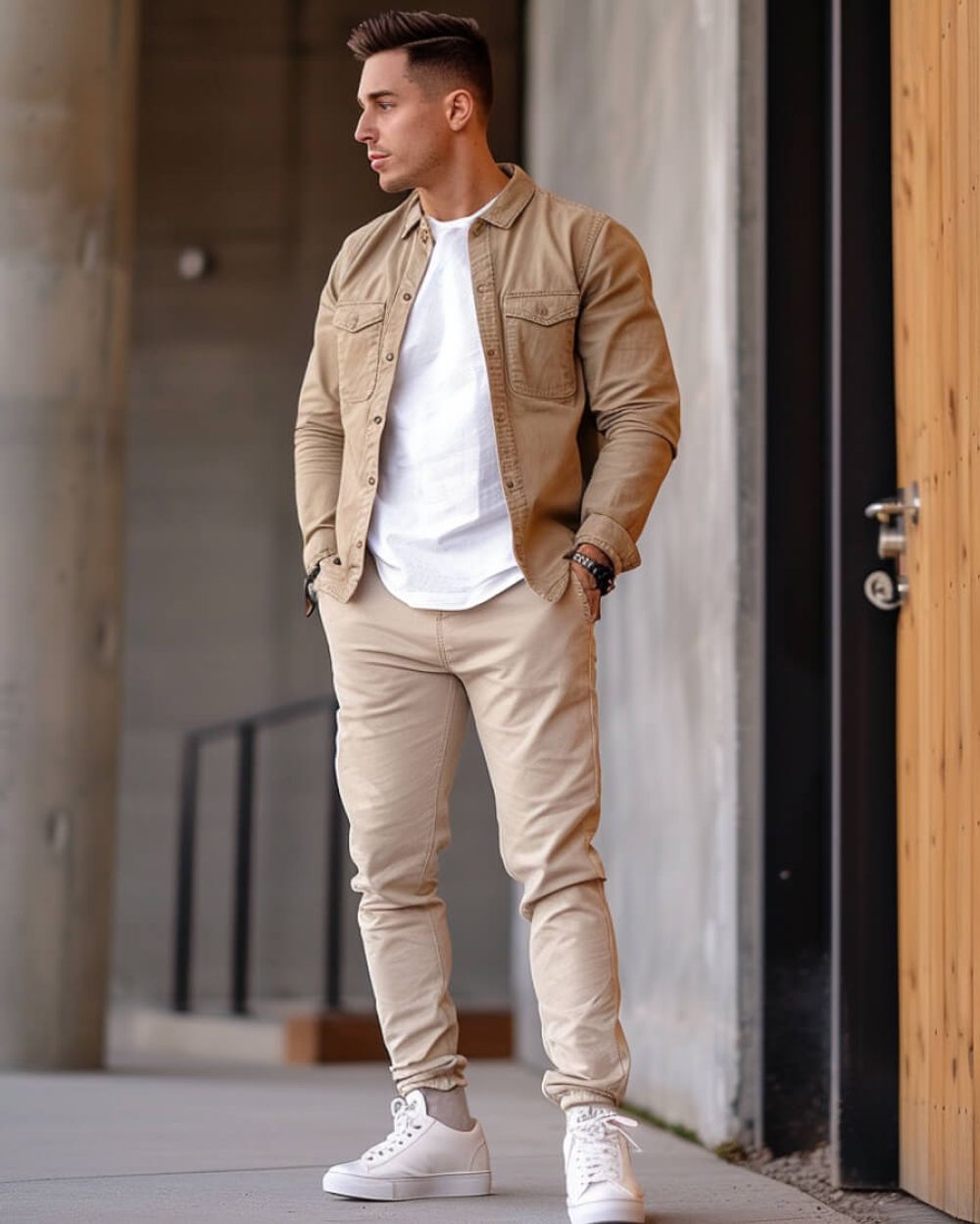 Look Urbano con Camisa Beige Abierta Hockerty