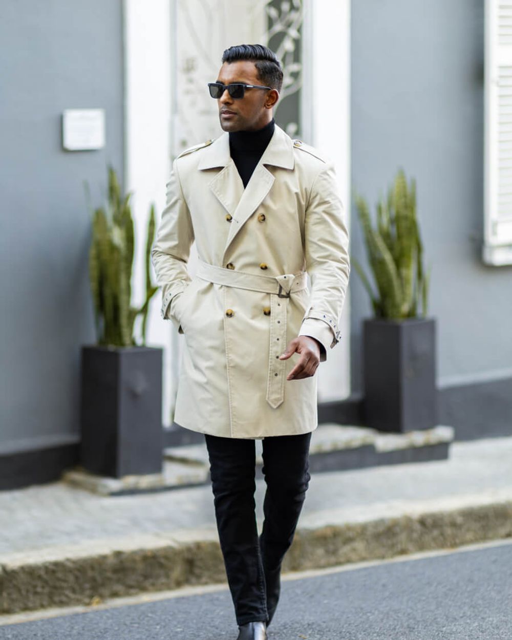 Beige Trench Jacket with Black Jeans Hockerty