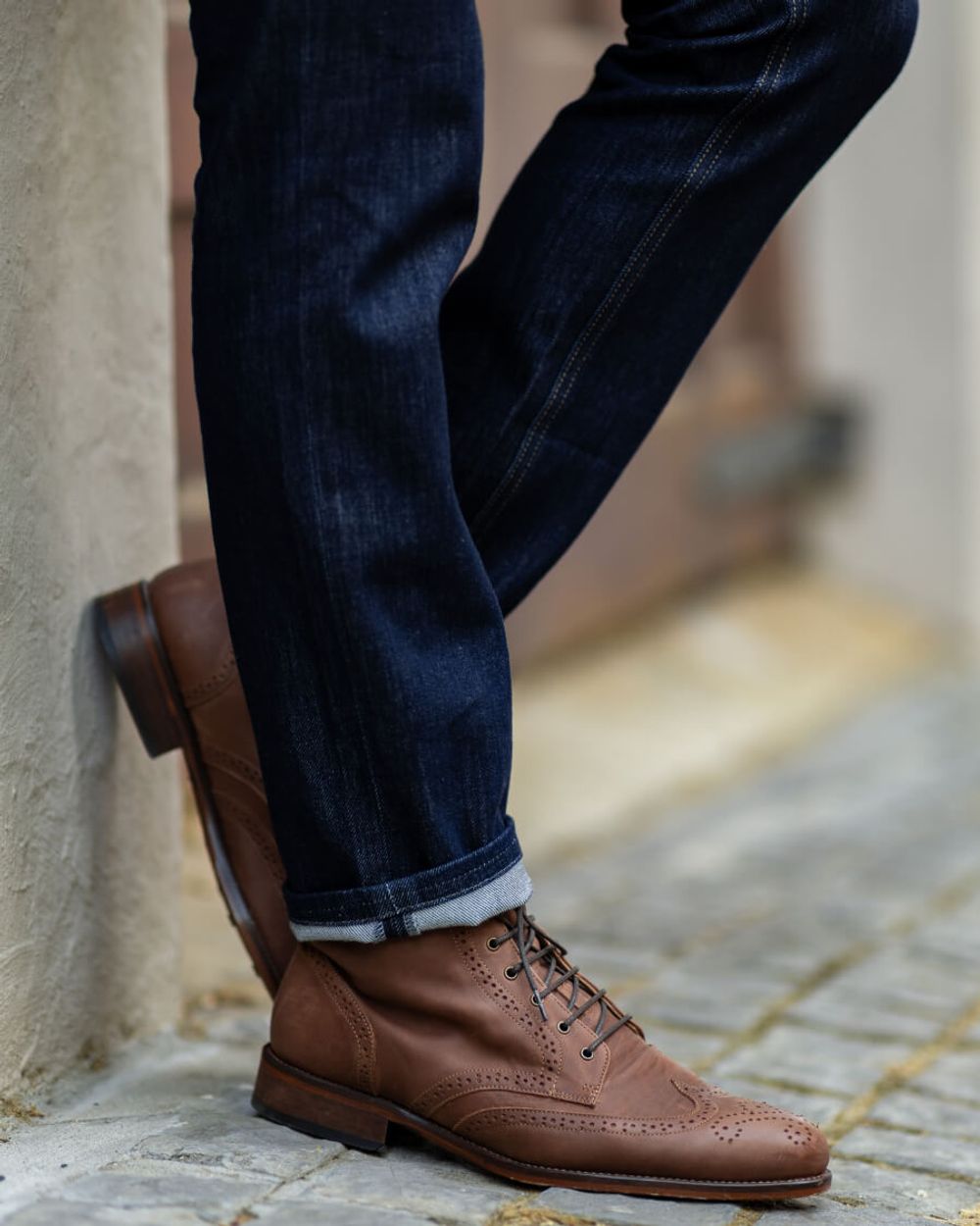 Rolled-Up Jeans with Brogue Boots