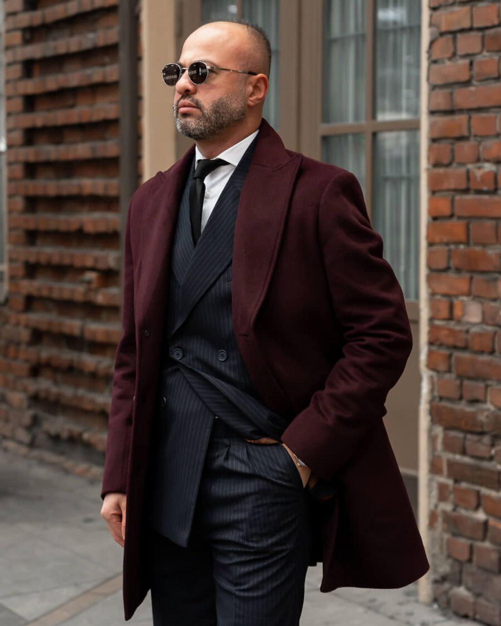 Burgundy Coat with Charcoal Suit Hockerty