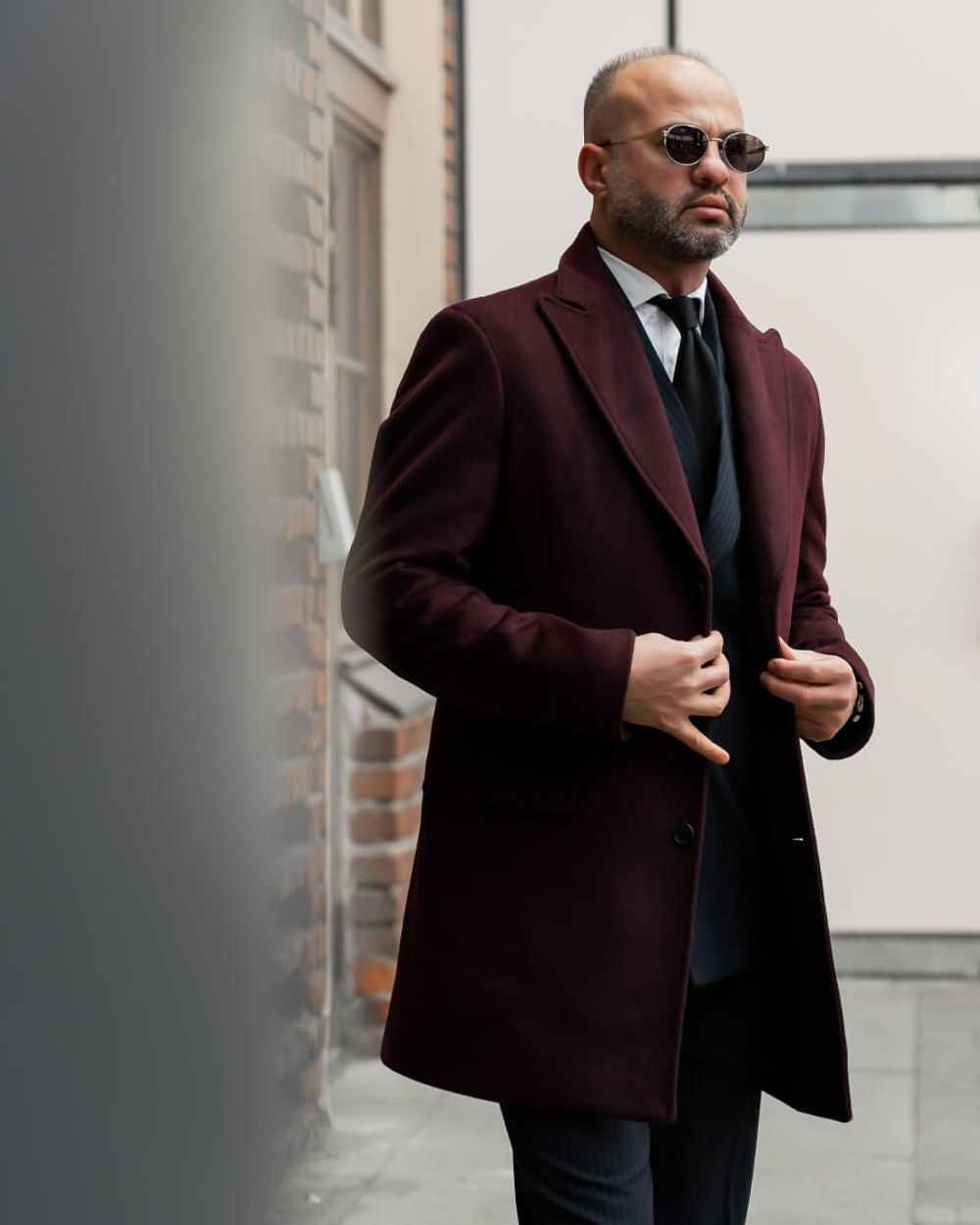 Burgundy Coat with Charcoal Suit