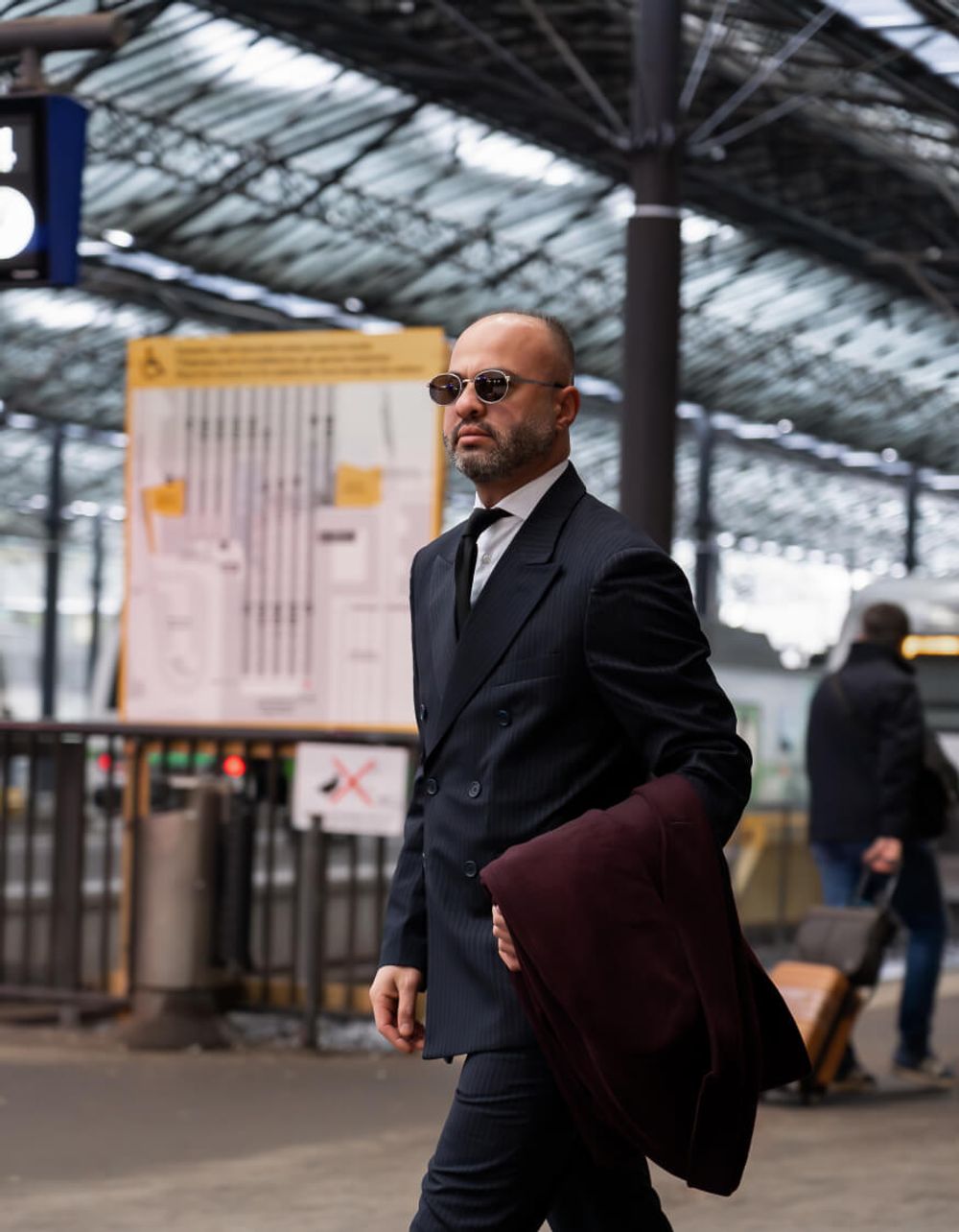 Burgundy Coat with Charcoal Suit