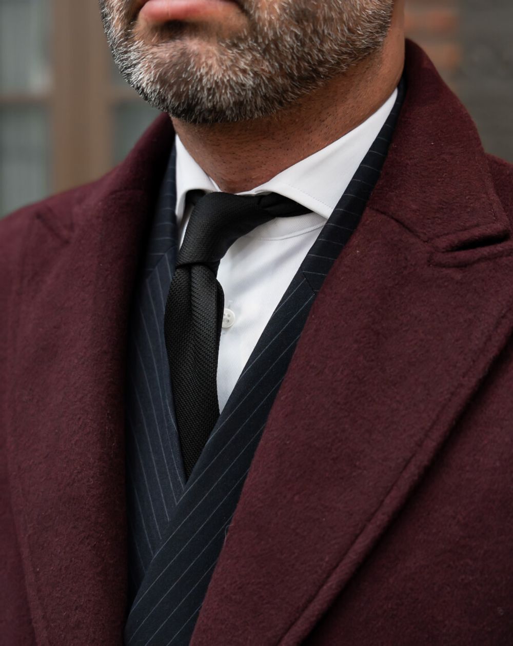 Burgundy Coat with Charcoal Suit