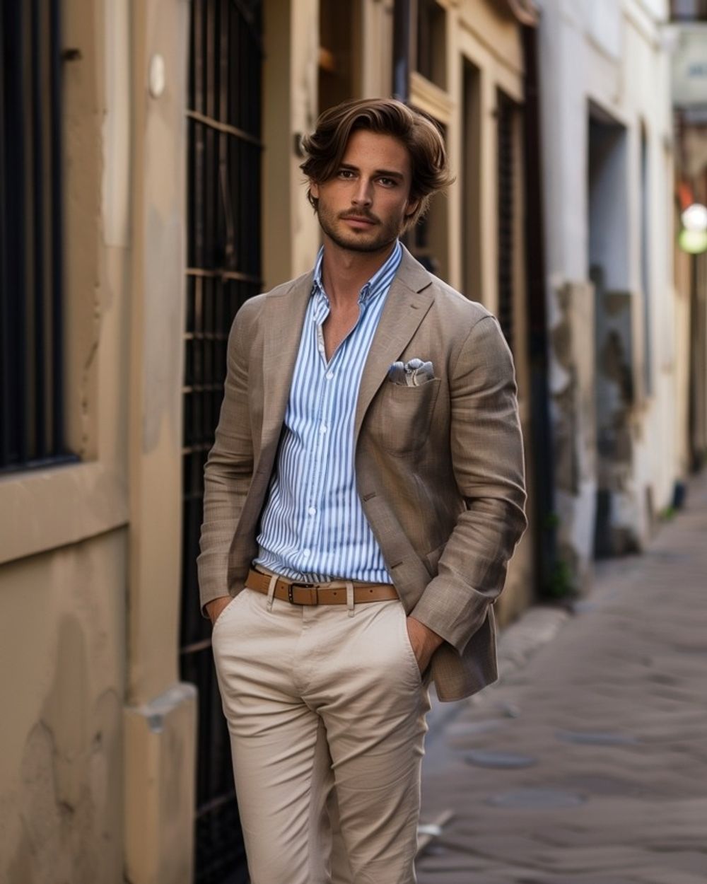 Beige pants and blue shirt online