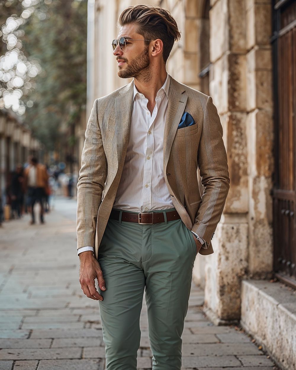 Dark beige jacket white shirt and green chino trousers Hockerty