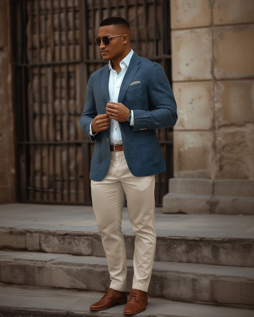 Blue blazer green pants sale