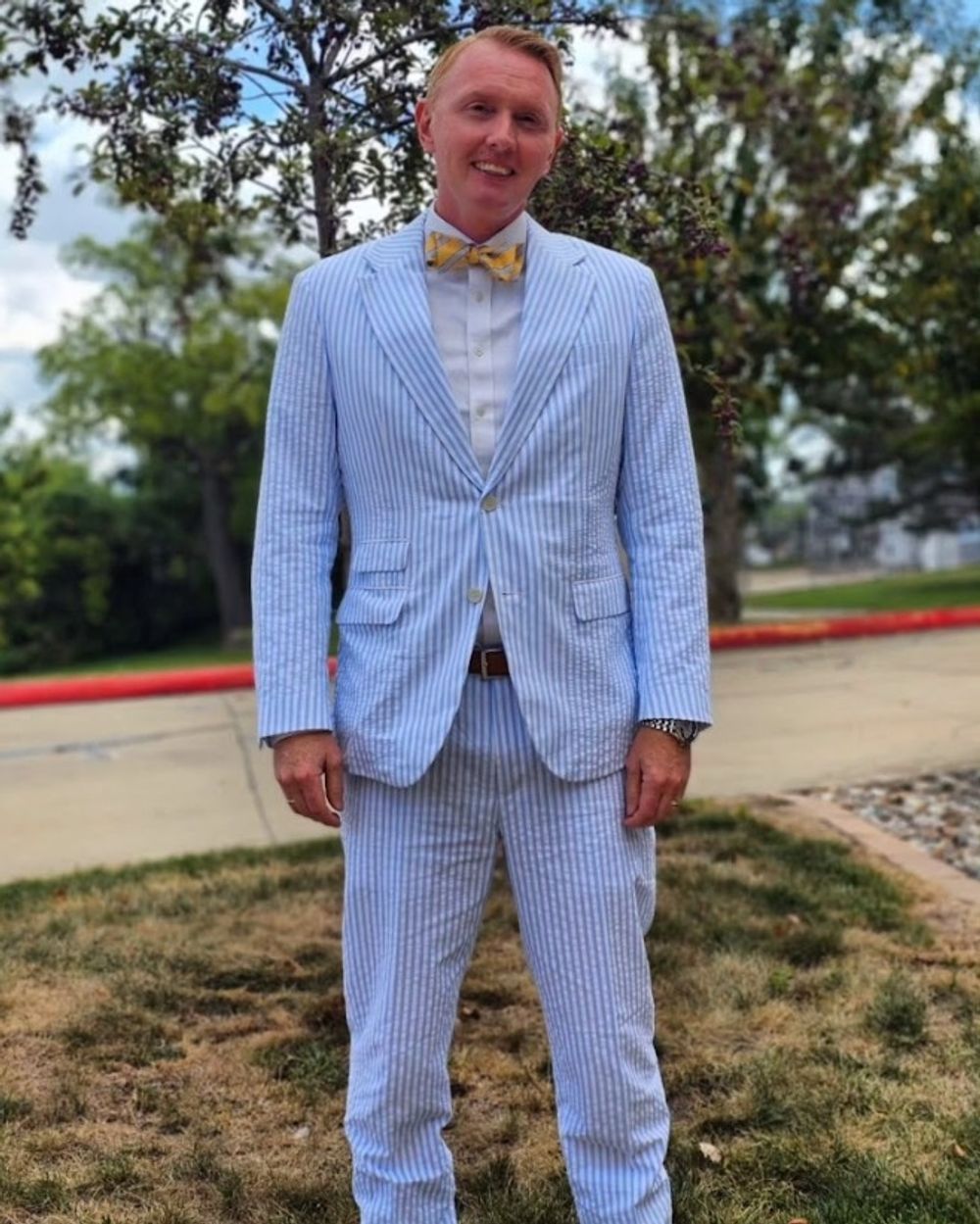 Light Blue Striped Suit with Bow Tie