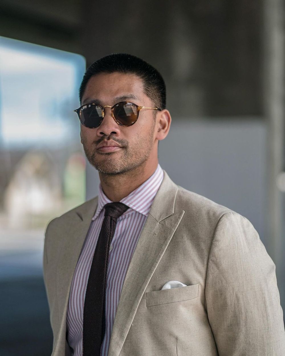 Beige Suit with Purple Striped Shirt