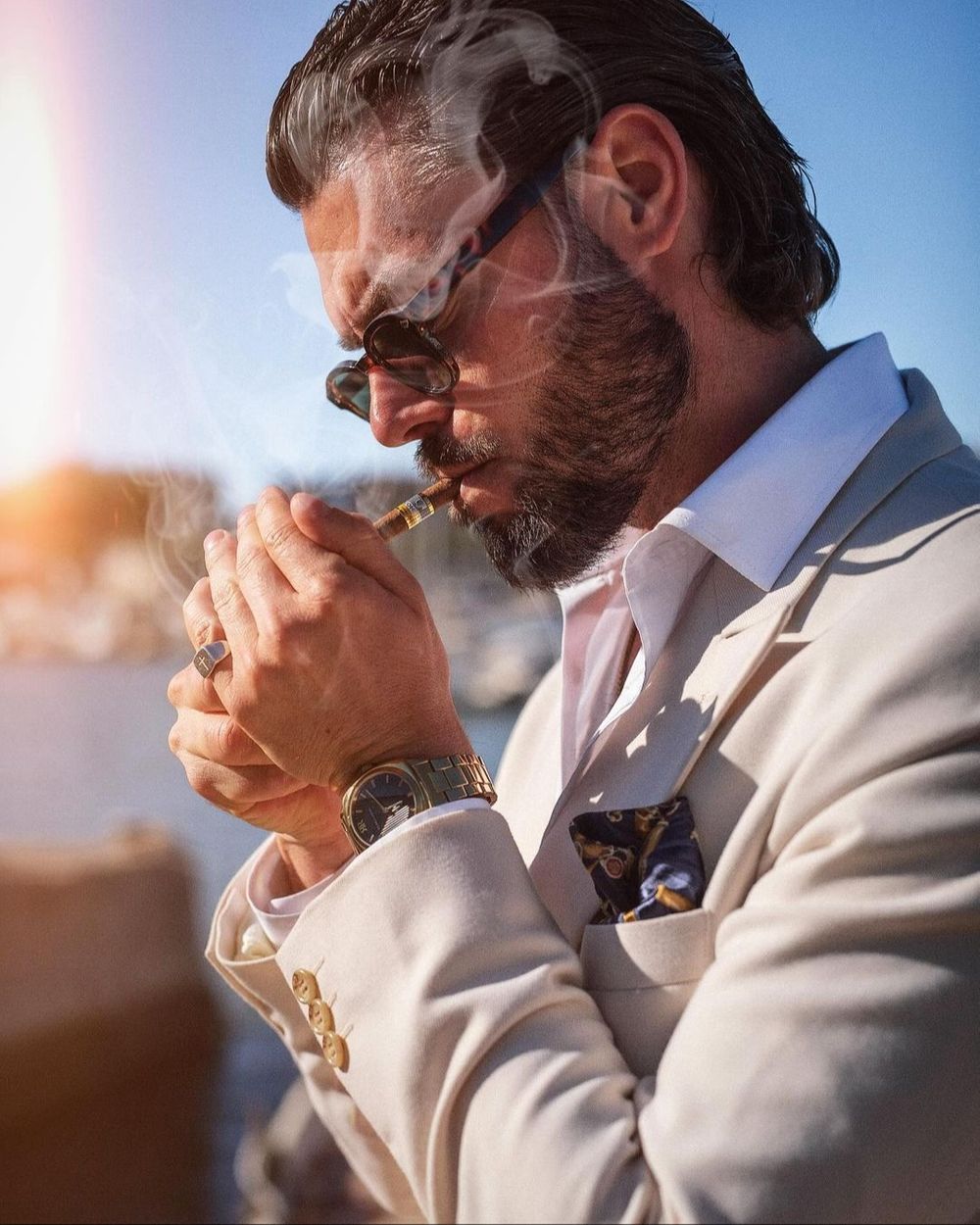 Polished Cream Blazer with Dark Trousers