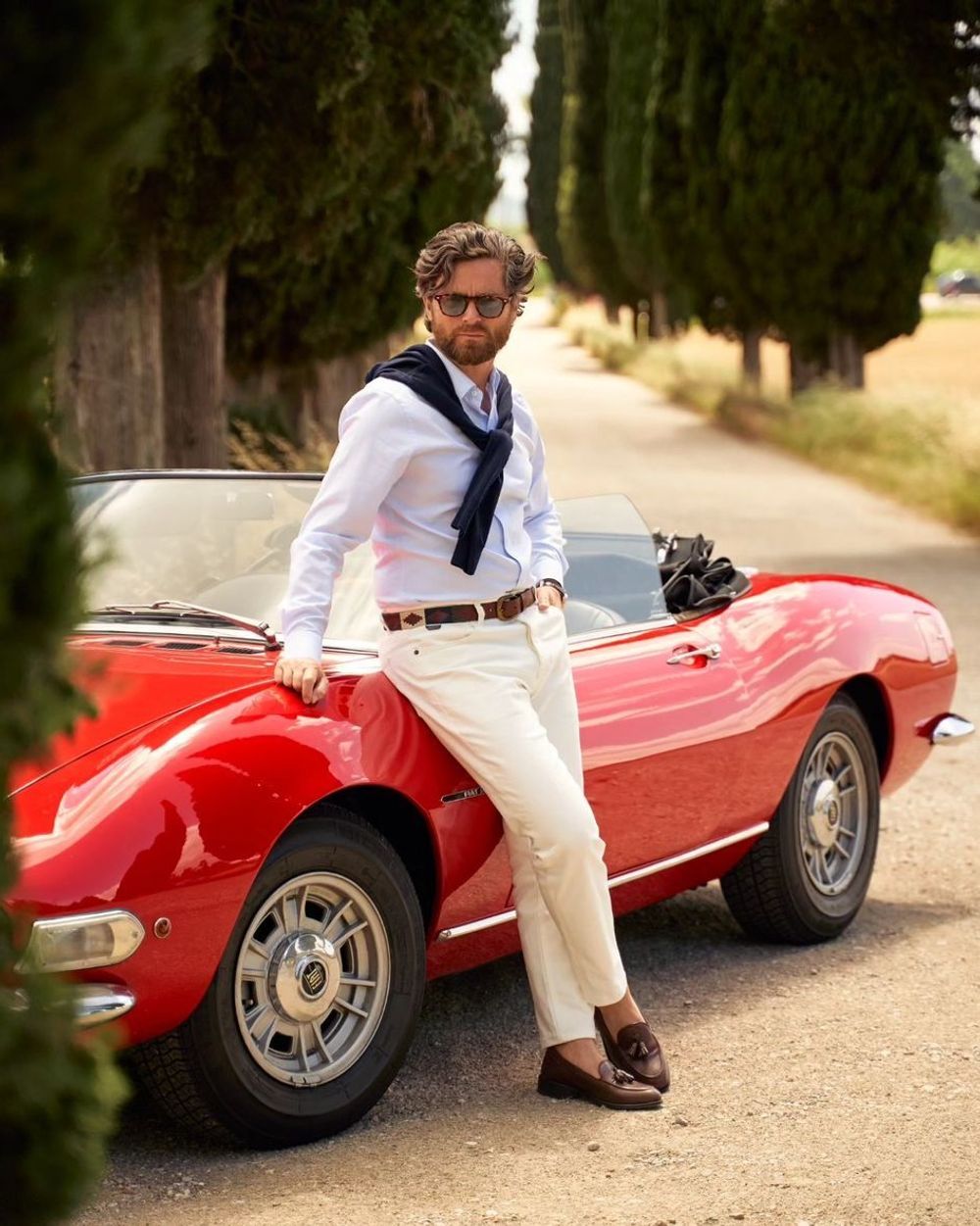 White Outfit with Navy Sweater