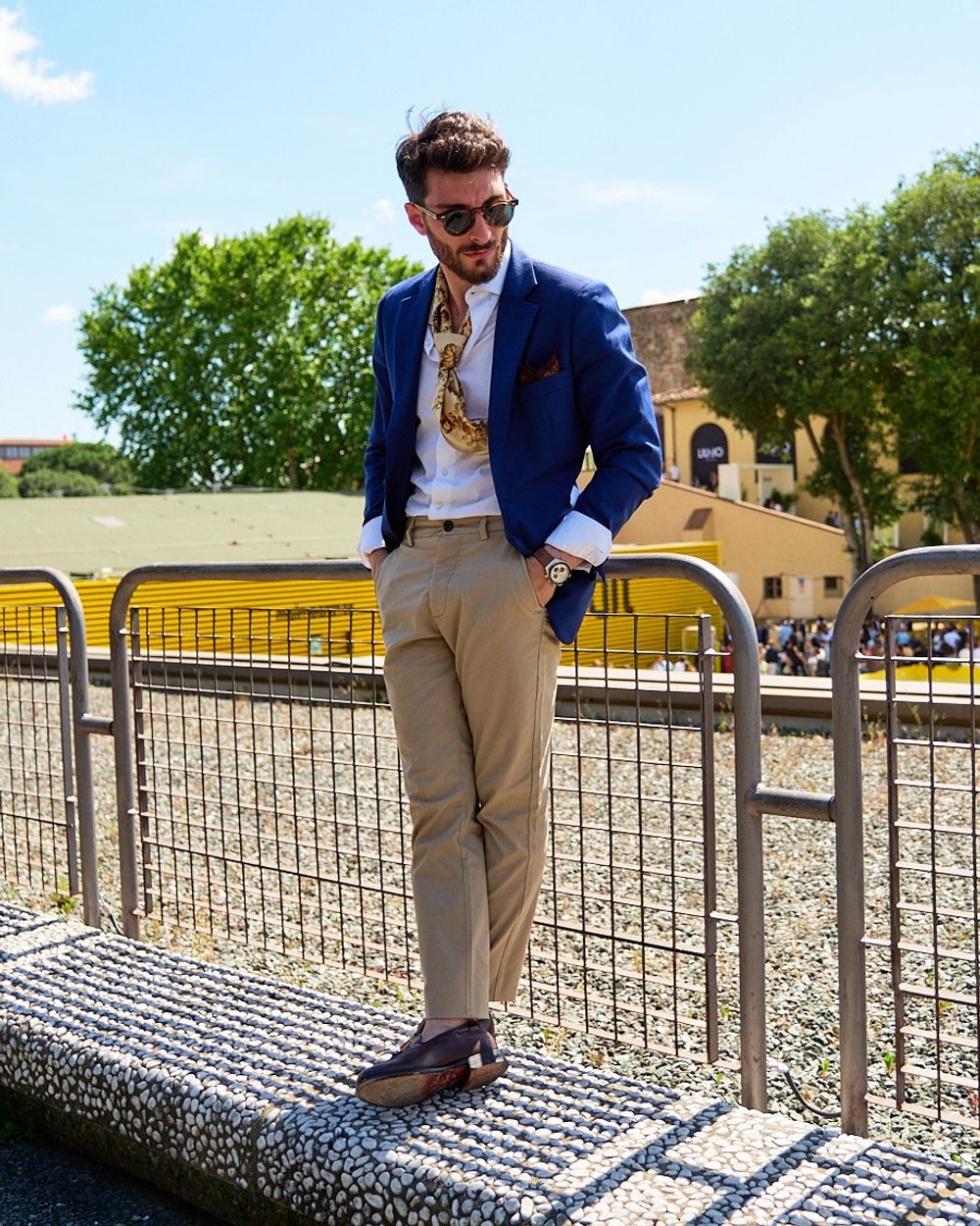 Blue Blazer with Beige Trousers