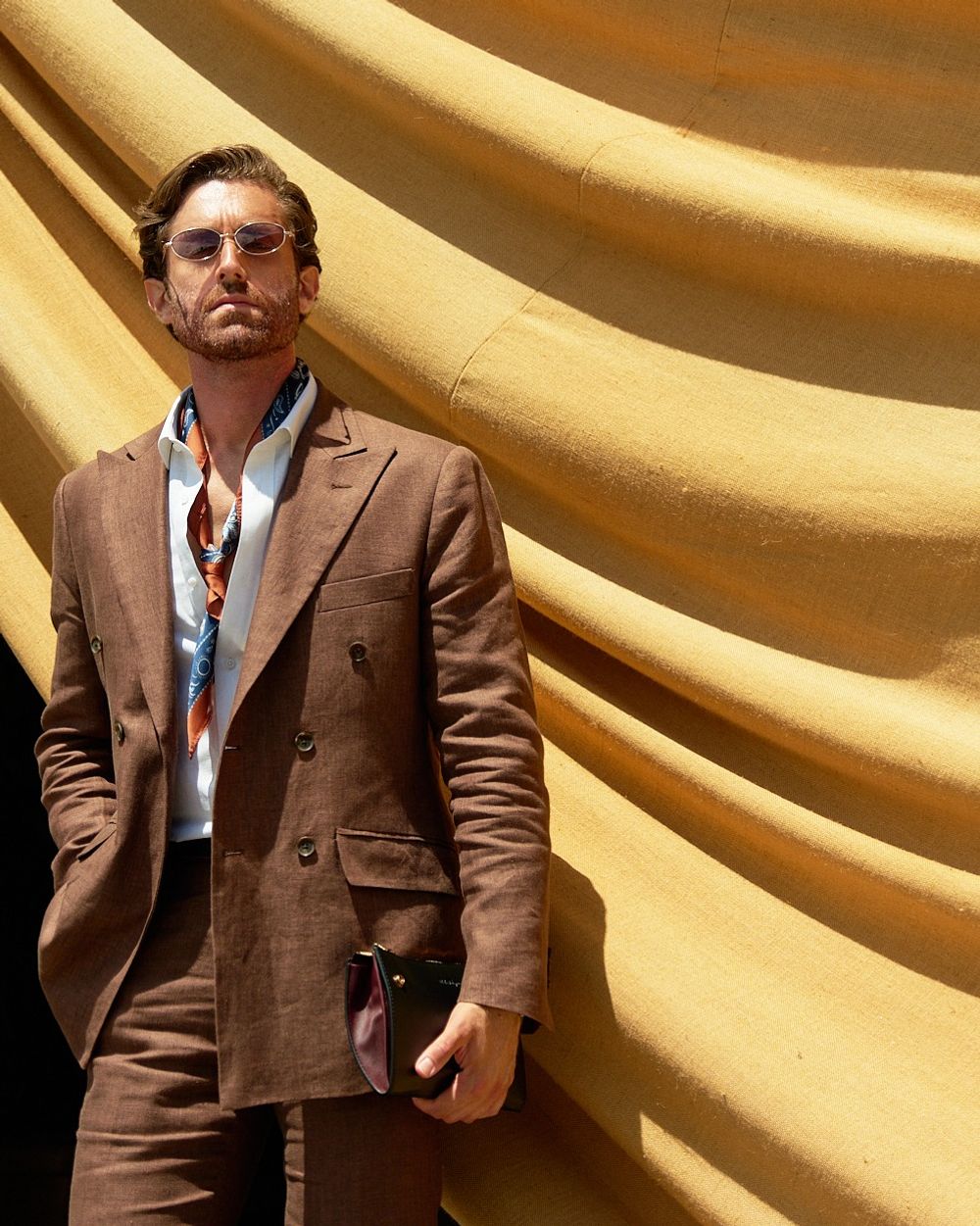 Rust Double-Breasted Blazer with Patterned Scarf
