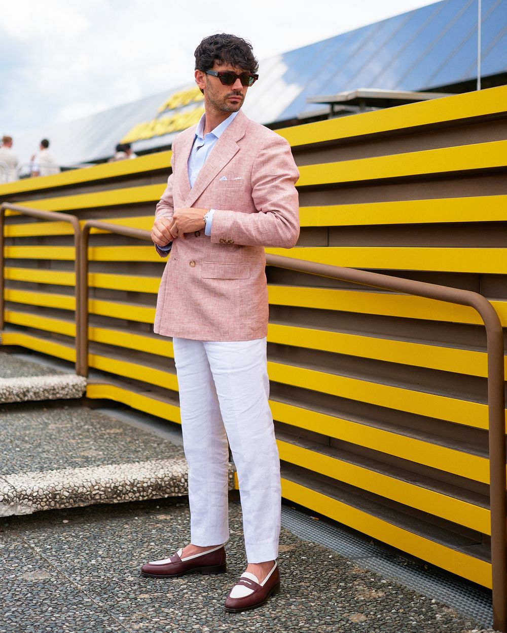Pink Blazer with White Trousers