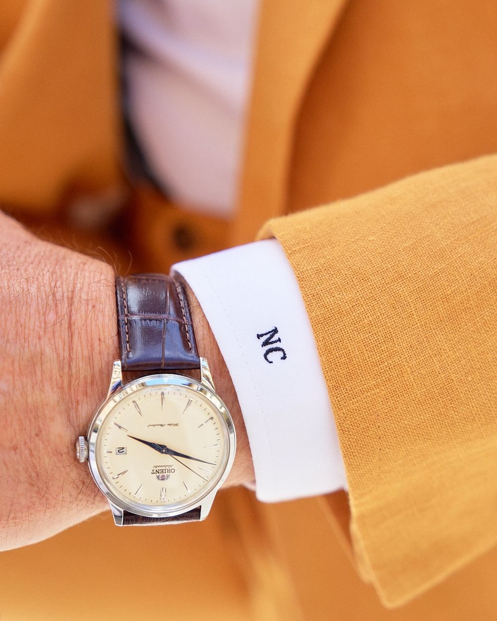 Mustard Double-Breasted Suit with White Shirt