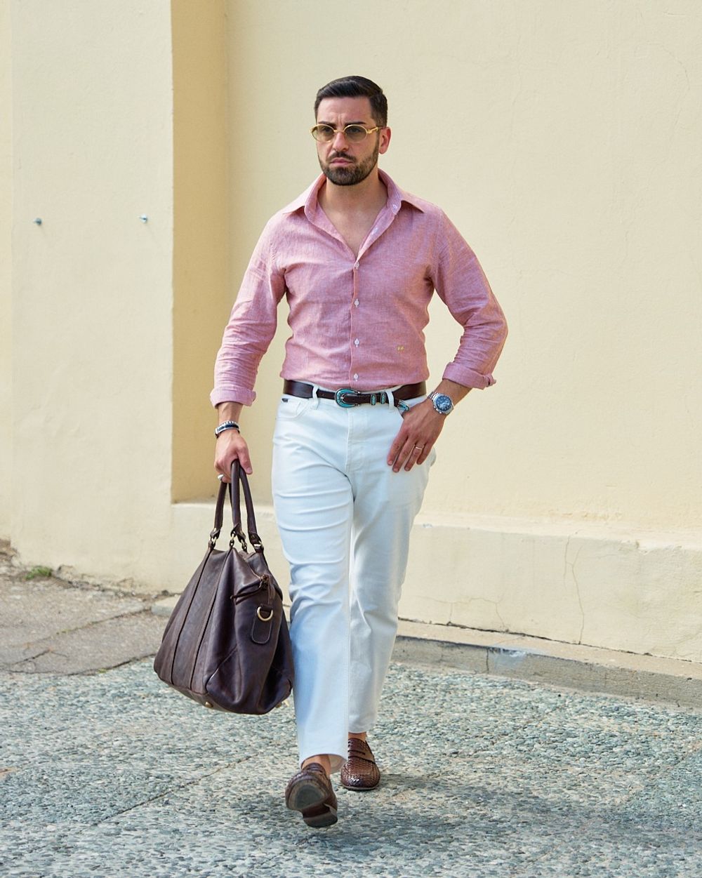 Summer Casual Pink Shirt with White Trousers Hockerty