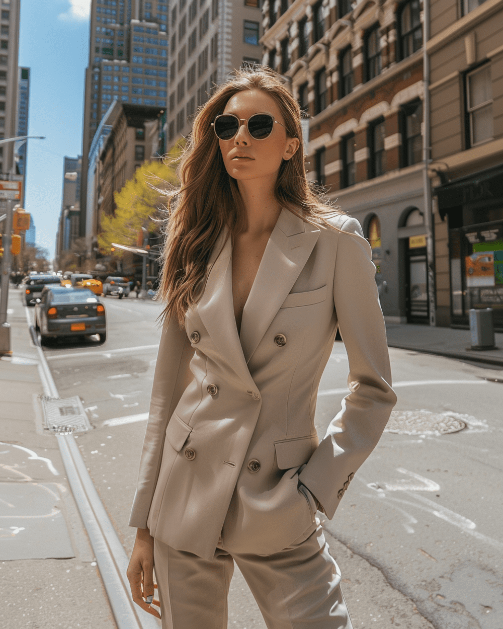Beige Double-Breasted Suit with Sunglasses | Sumissura