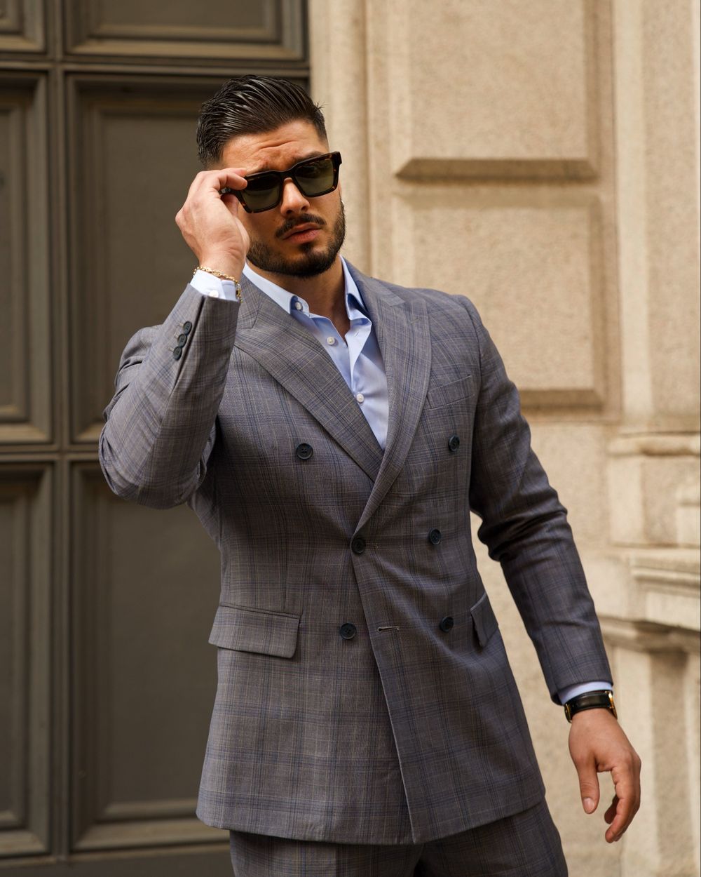 Plaid Grey Double Breasted Suit Hockerty