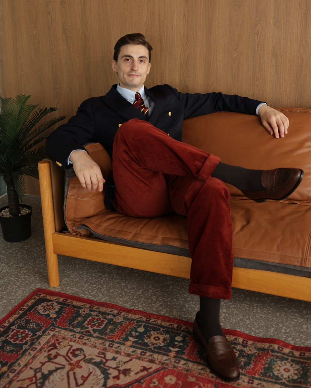 Navy Blue Blazer with Red Corduroy Trousers