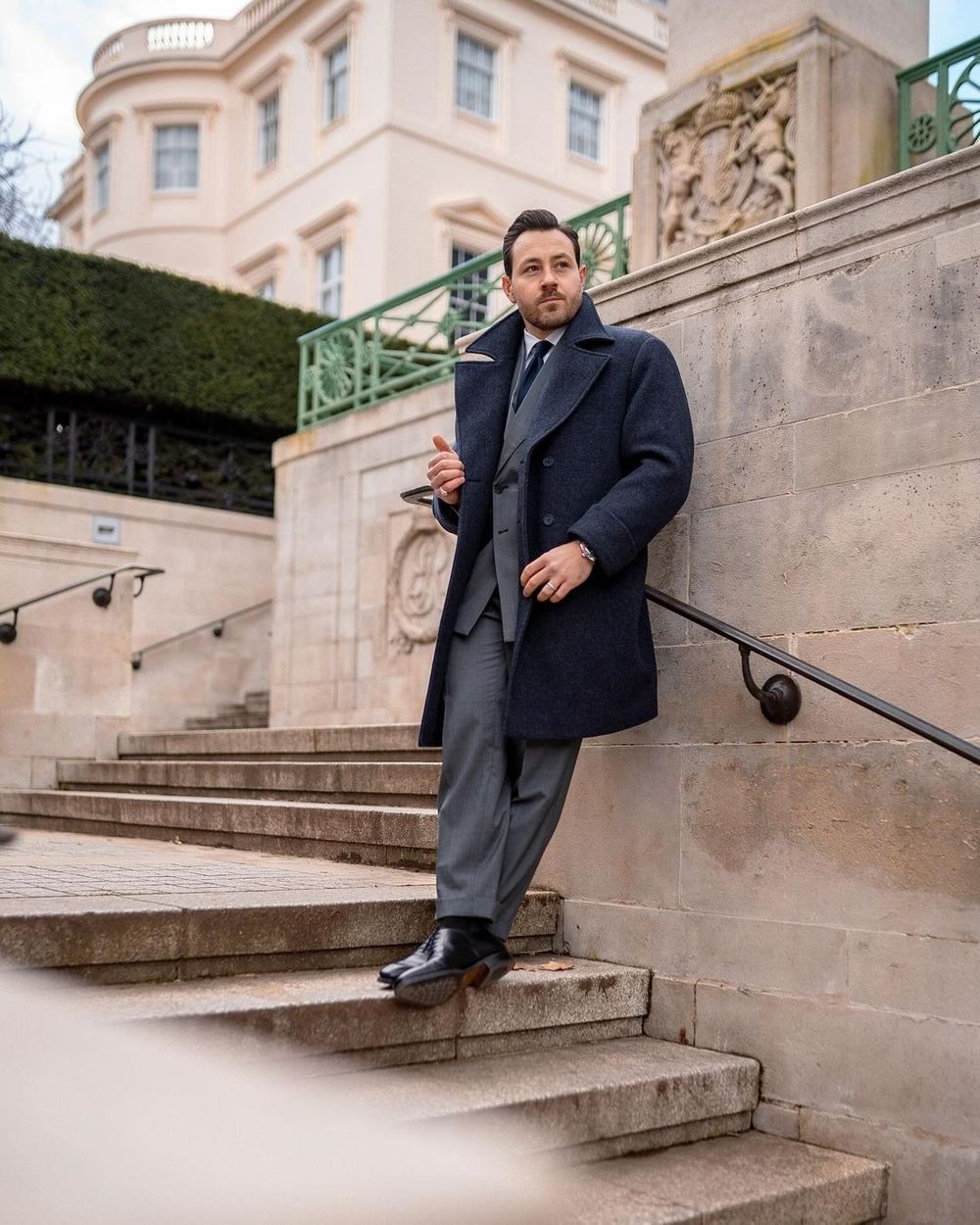 Navy Overcoat with Grey Suit and Black Shoes