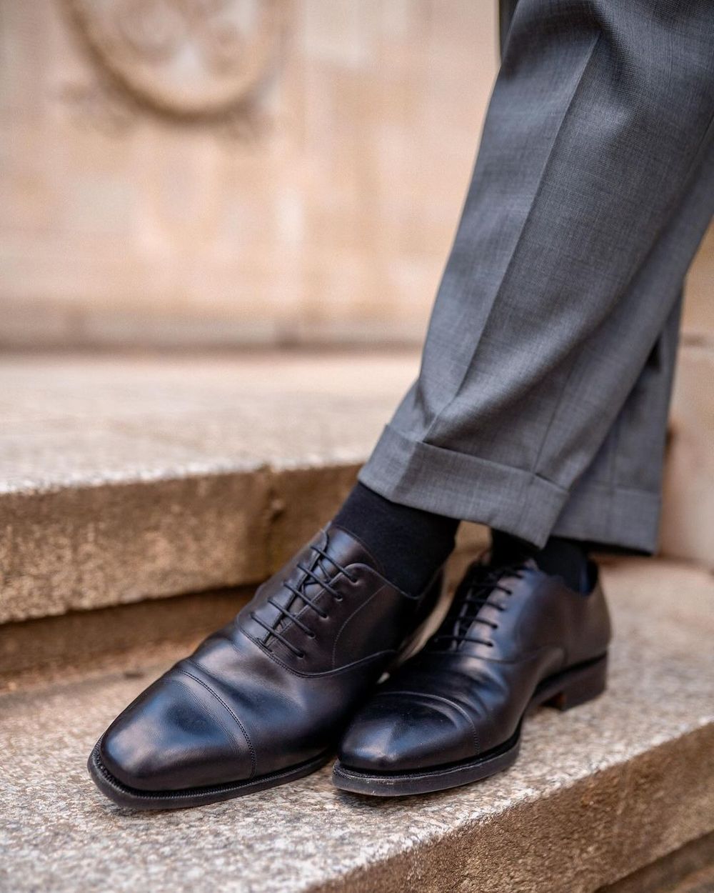 Navy Overcoat with Grey Suit and Black Shoes