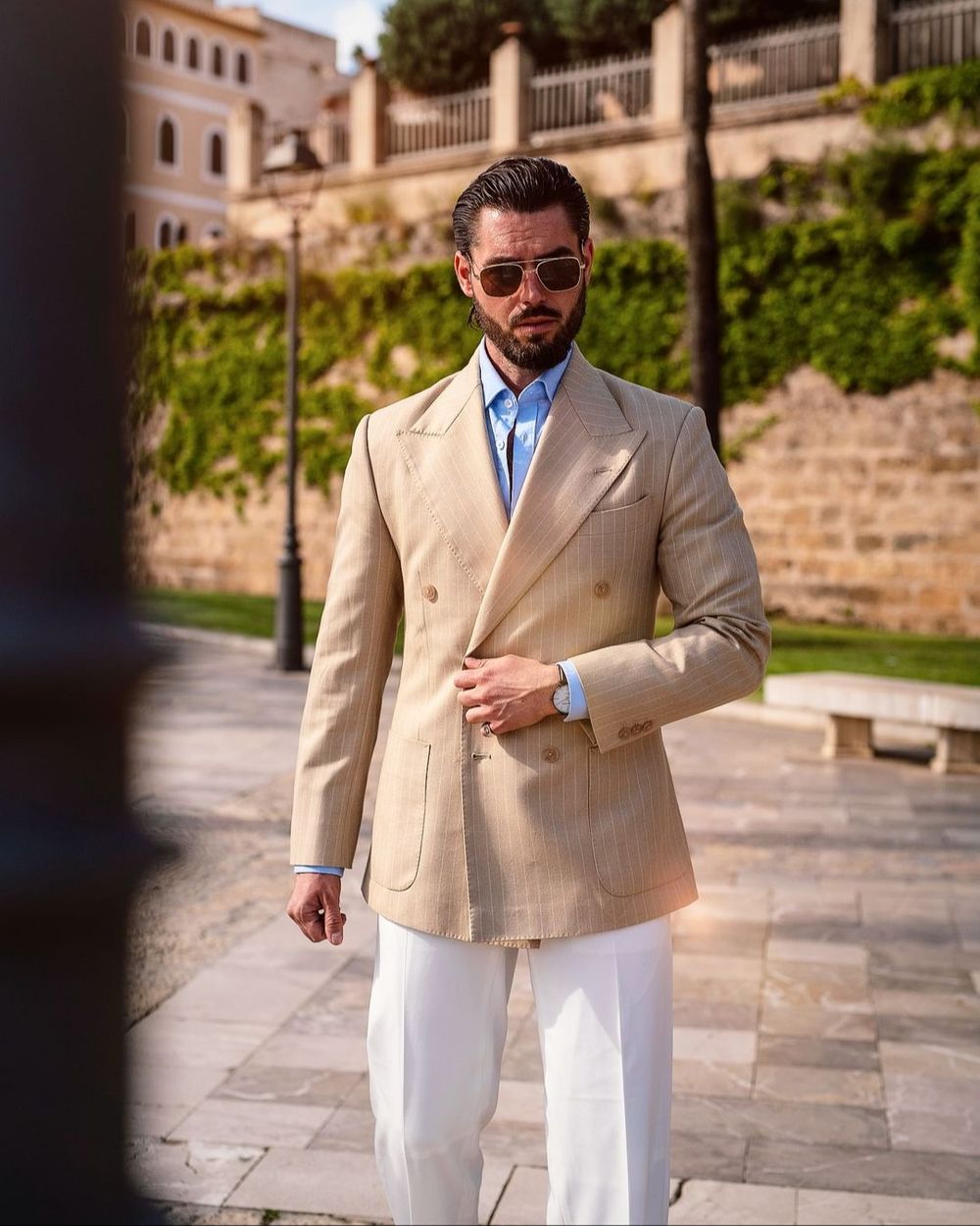 Beige Double-Breasted Blazer with White Trousers