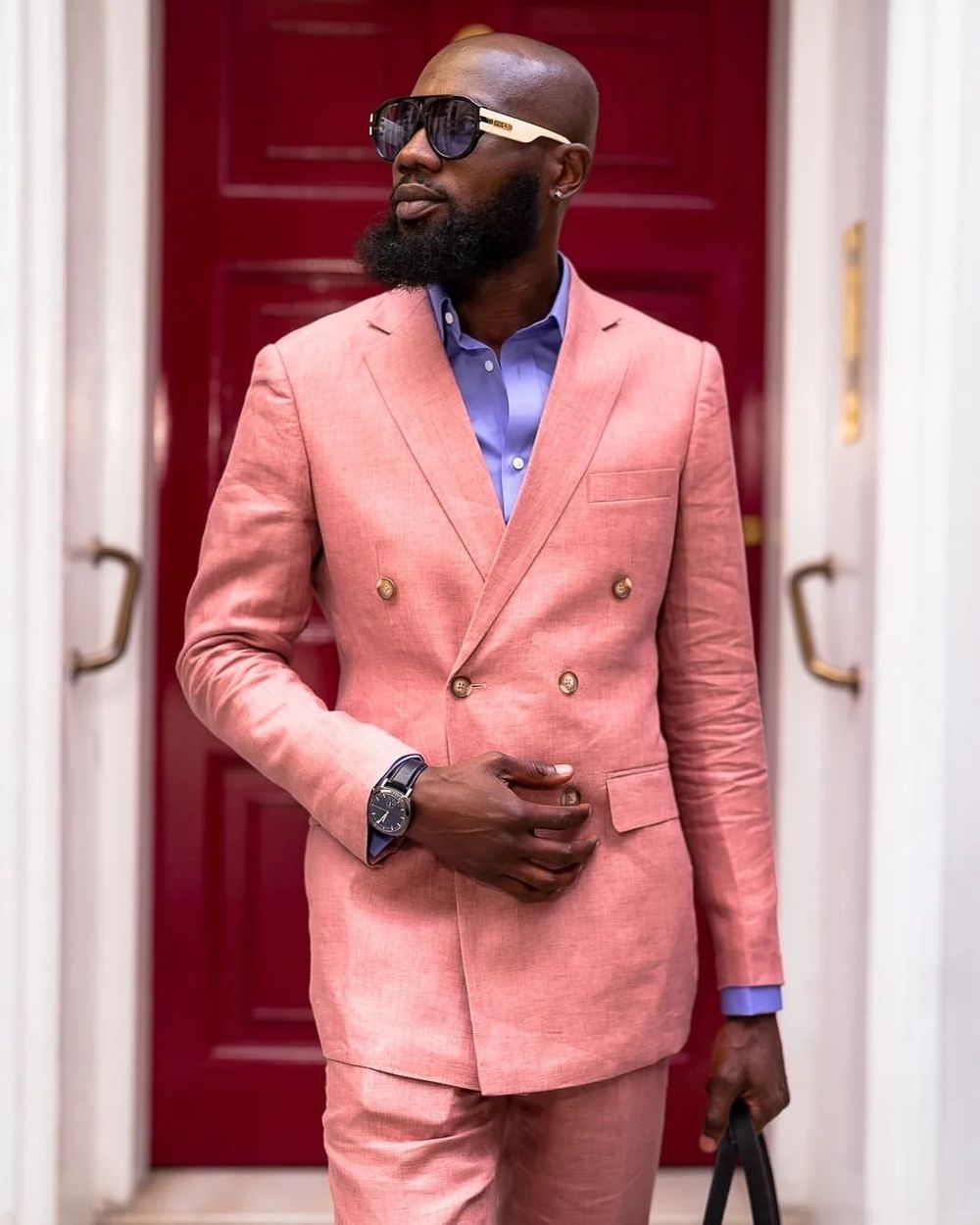 Pink Double-Breasted Suit with Blue Dress Shirt