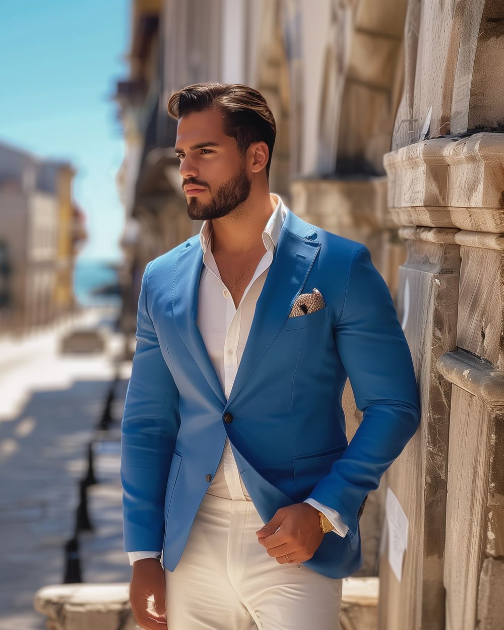 Blue Sky Blazer with White Shirt and Beige Pants | Hockerty