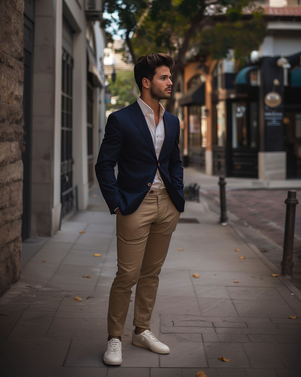 Blue Navy Blazer with Chinos and Sneakers