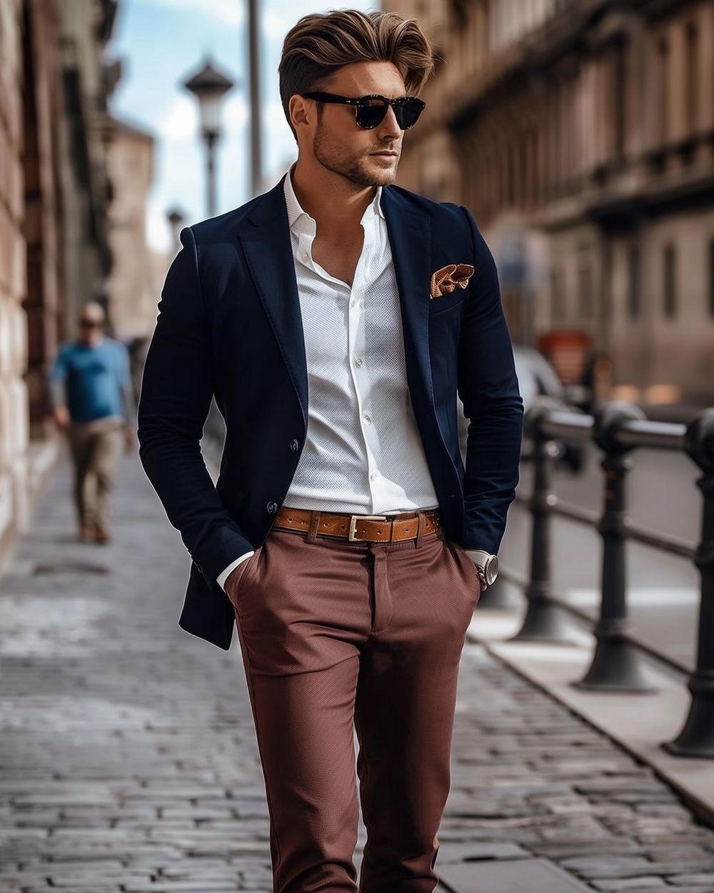 Blue Navy Blazer with Shirt and Brown Pants Hockerty