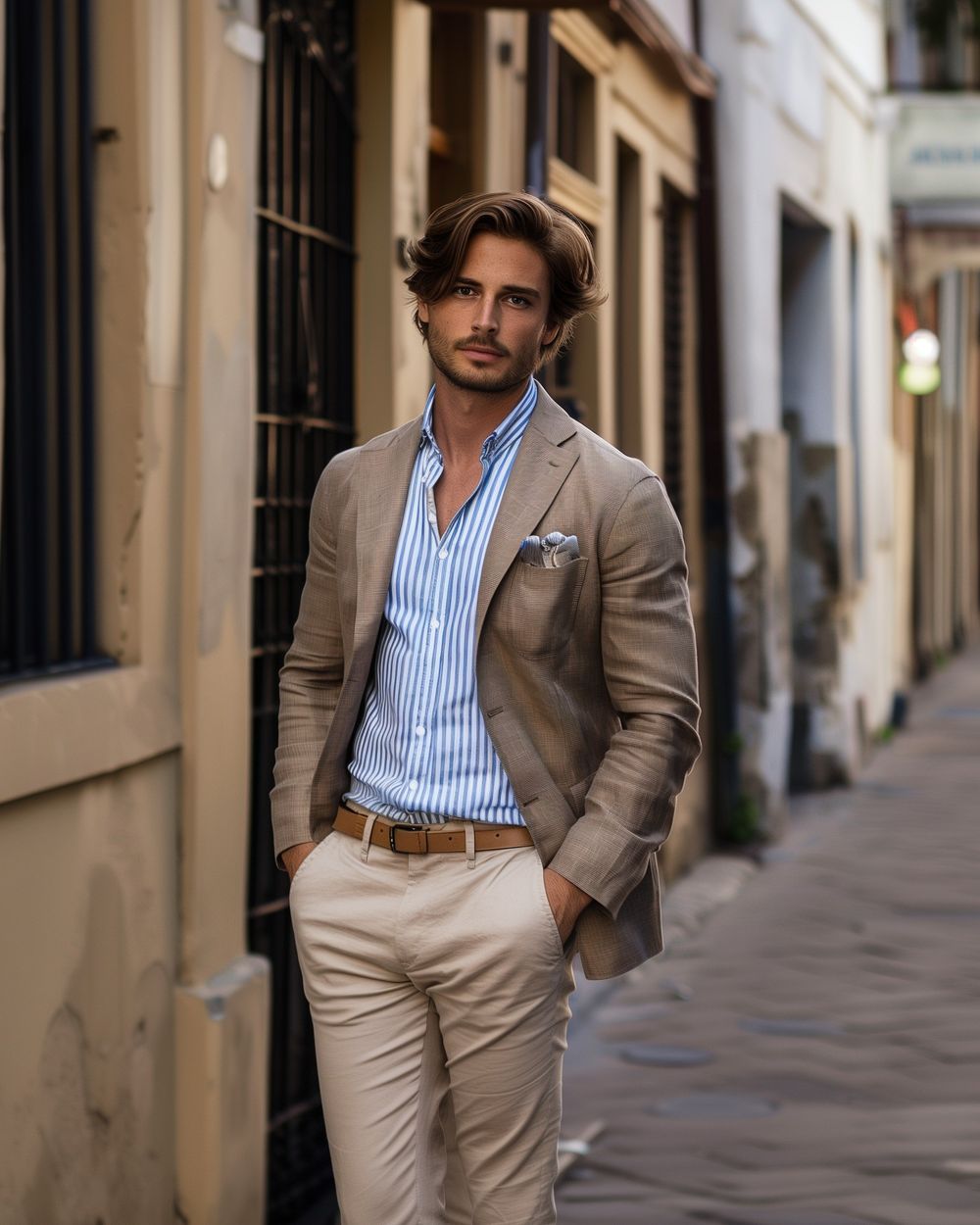 Beige Blazer with Blue Striped Shirt