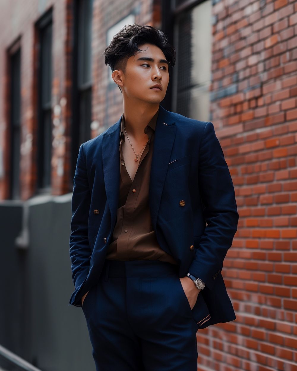 Navy Blue Suit with Brown Shirt