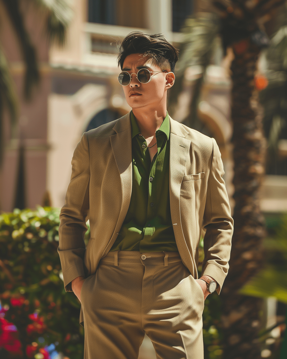 Beige Suit with Green Shirt