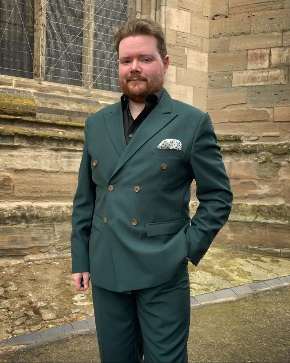 Forest Green Double-Breasted Suit with Black Shirt