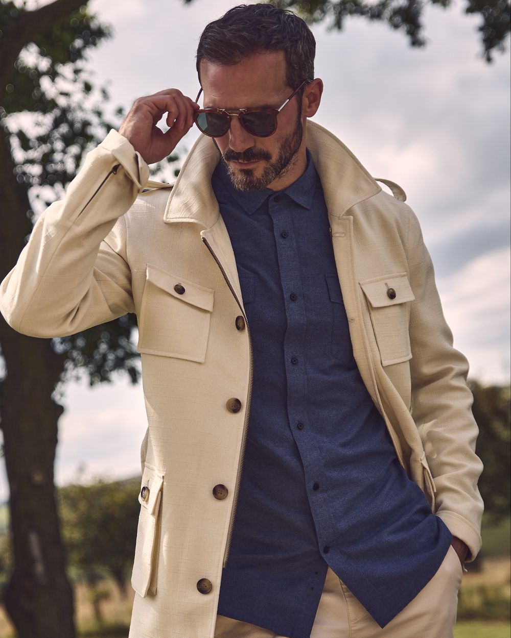 Cream Field Jacket with Navy Blue Shirt