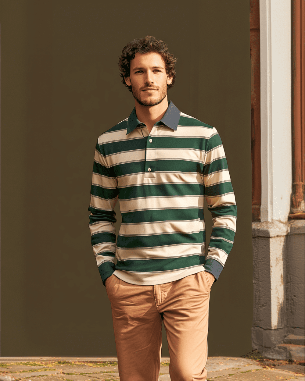 Striped Rugby Shirt with Khaki Chinos