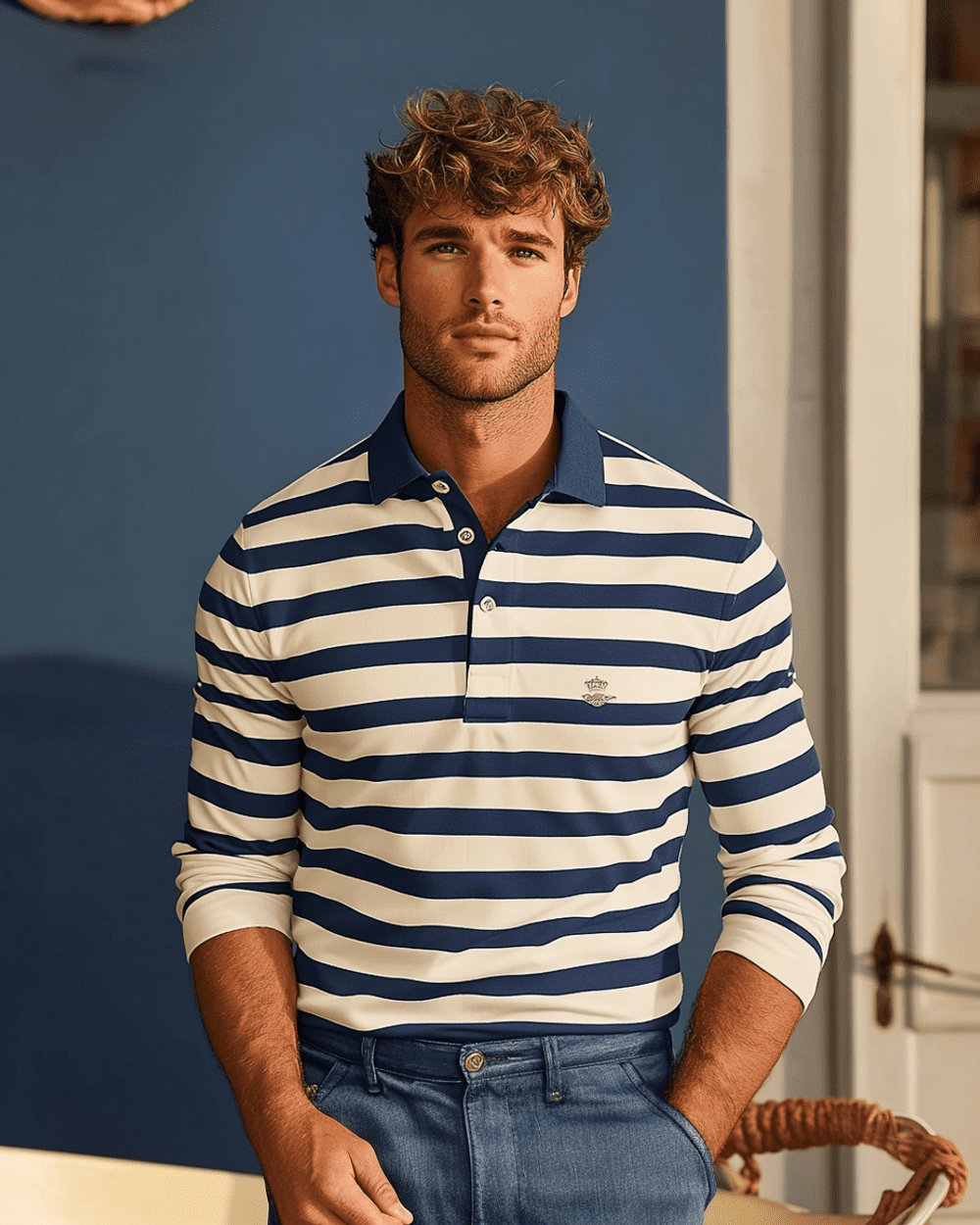 Blue Striped Rugby Shirt with Jeans