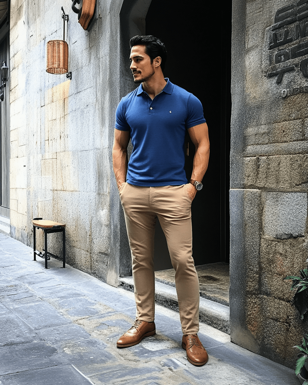 Blue Polo Shirt with Beige Chinos