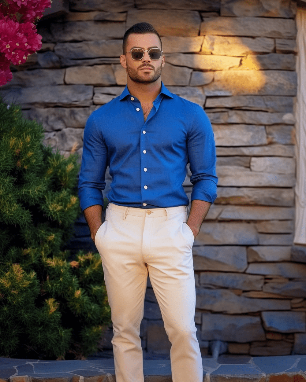 Camisa azul pantalon beige sale