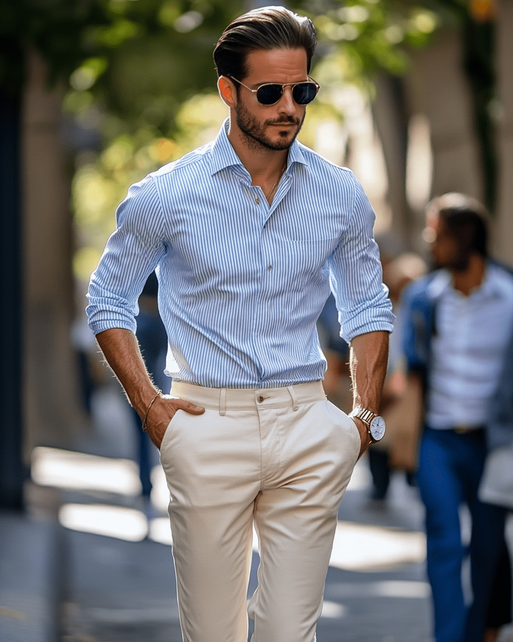 Pantalón beige y camisa azul sale