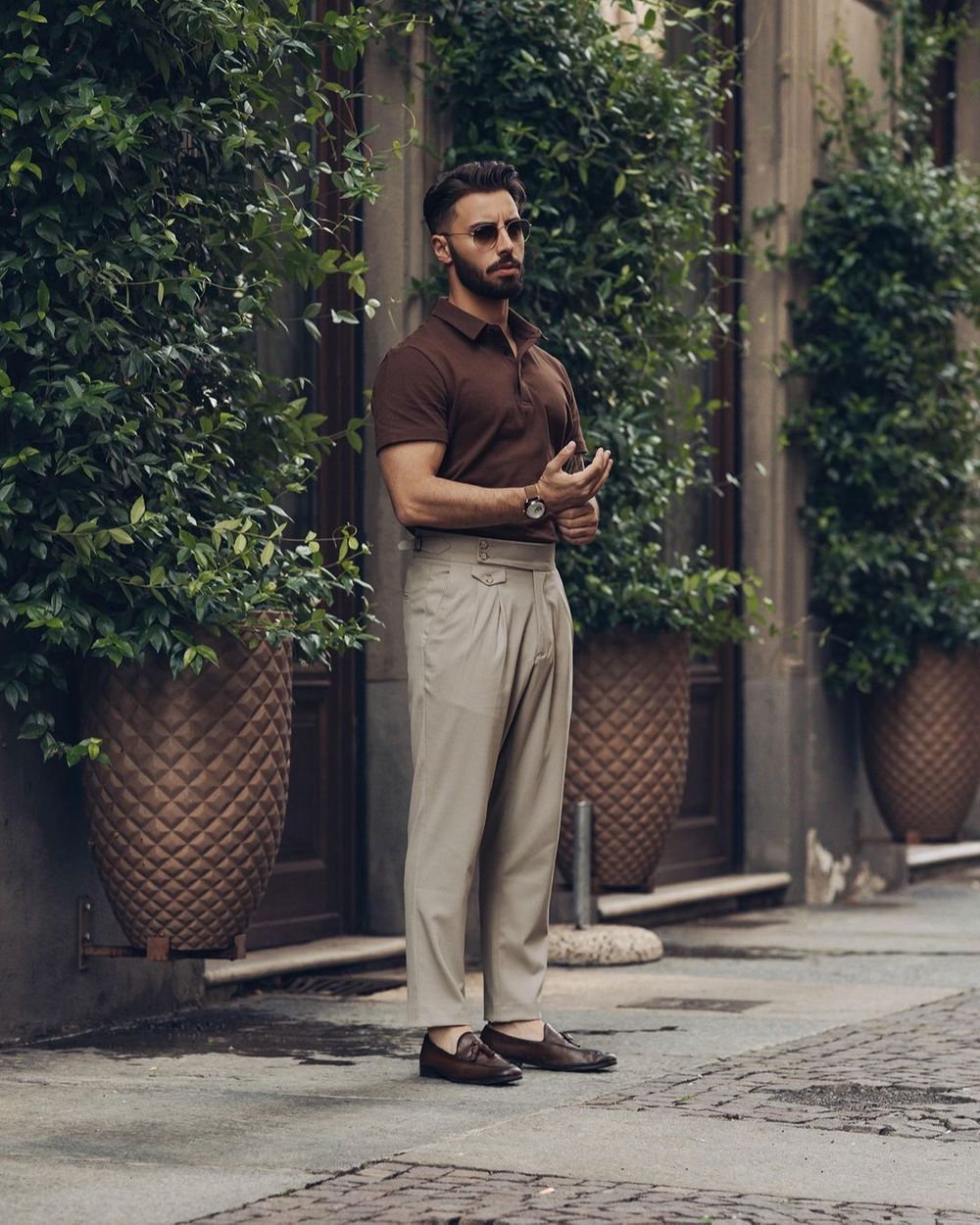 Brown Polo Shirt with Beige Trousers Hockerty