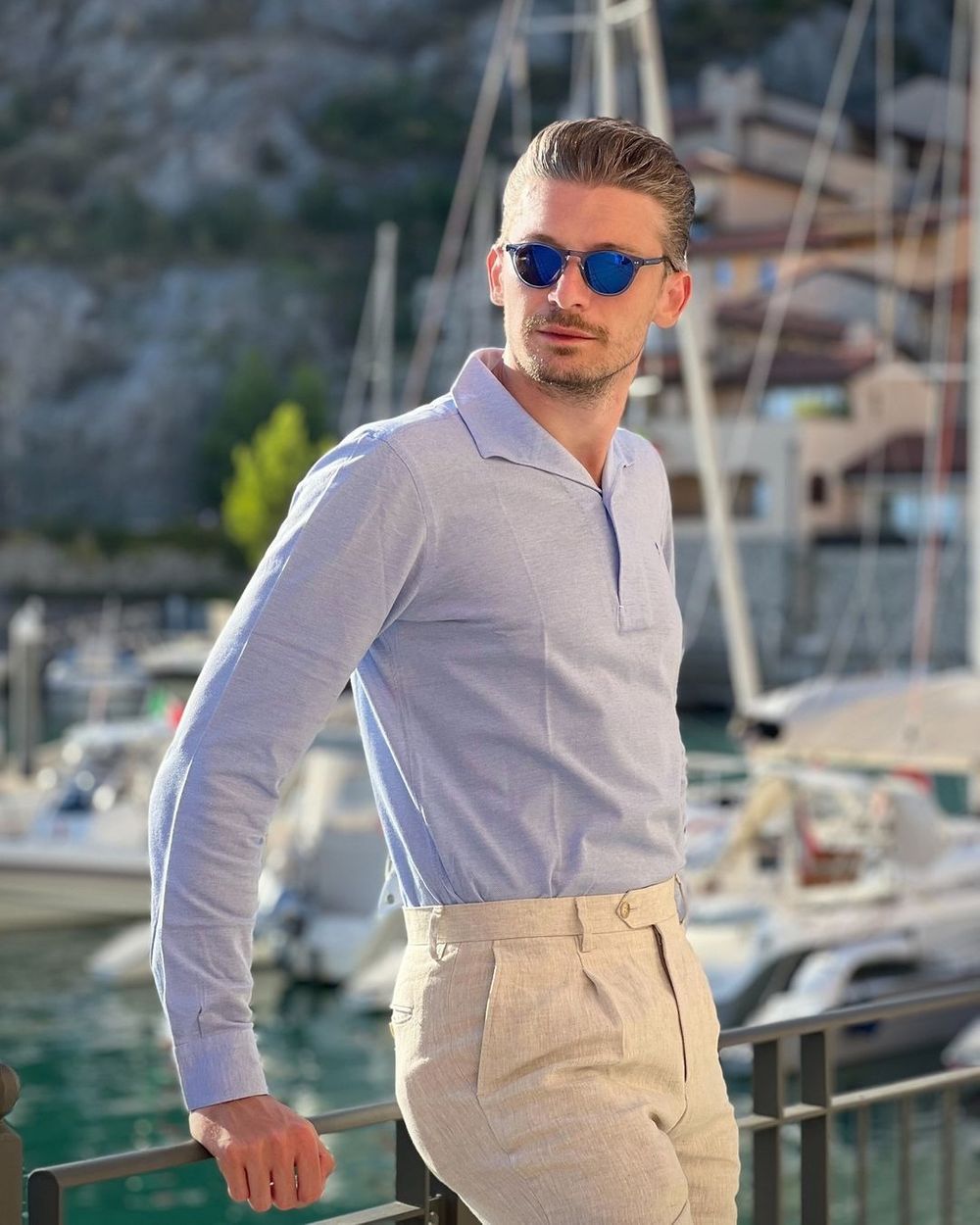Light Blue Polo with Linen Trousers