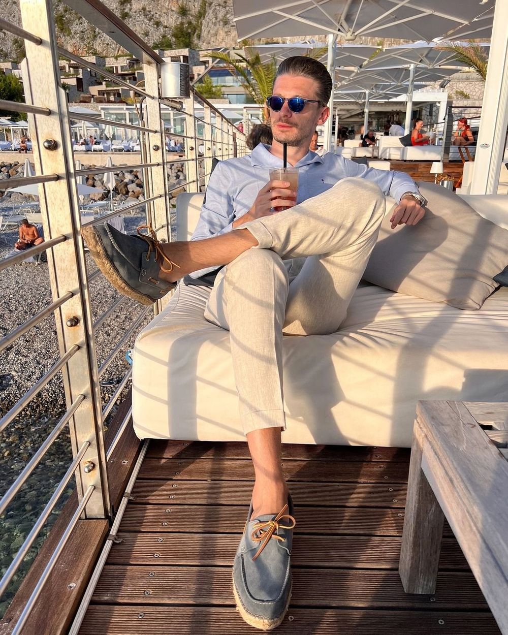 Light Blue Polo with Linen Trousers